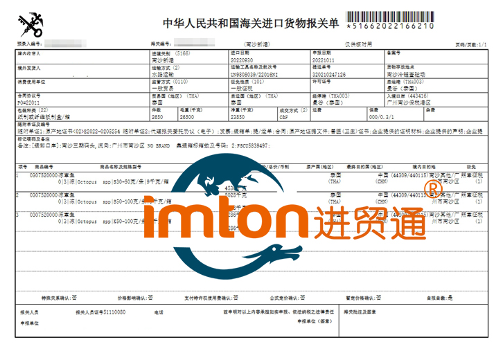 进口泰国冷冻章鱼报关