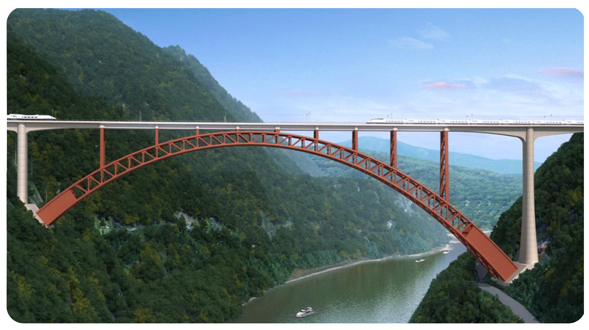 铁路领域内,主跨为292m非对称上承式钢管混凝土拱桥在同类型桥梁中