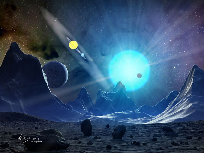 三合星系-在三颗恒星世界中，两颗星在互转，并且有着物质交换。在有两颗小月亮的行星上眺望这一情景。