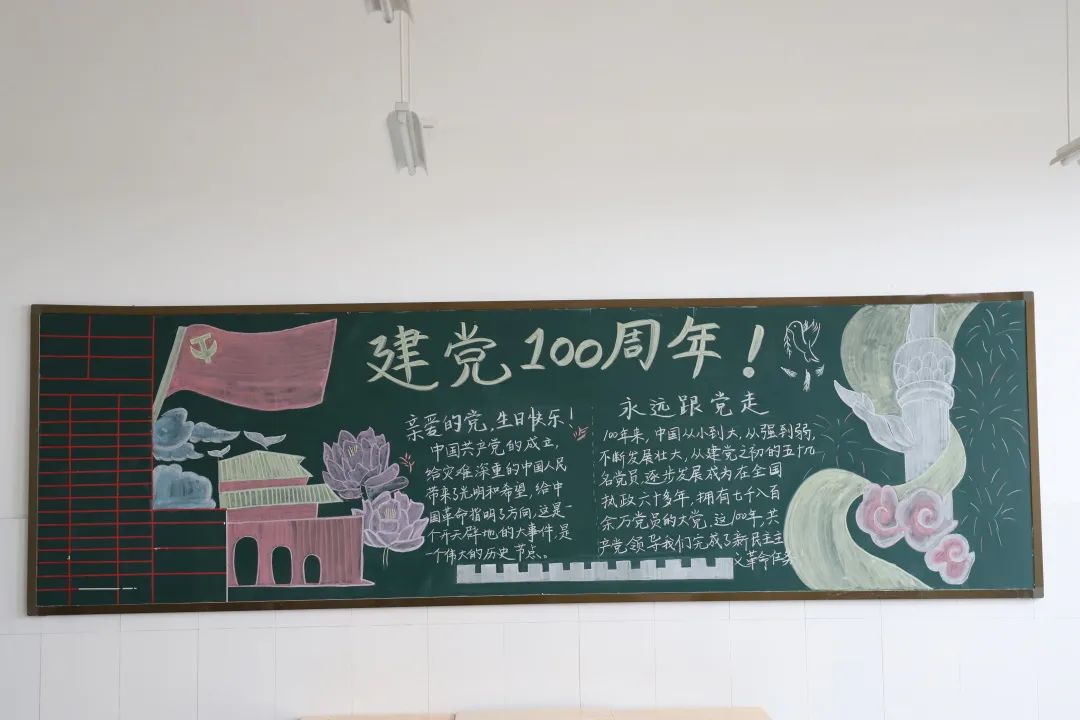 建党100周年学生共画庆祝建党100周年主题黑板报寿光渤海新城实验学校