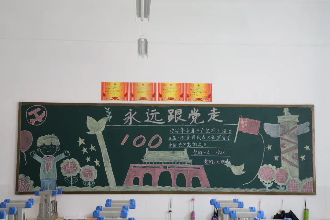 建党100周年学生共画庆祝建党100周年主题黑板报寿光渤海新城实验学校