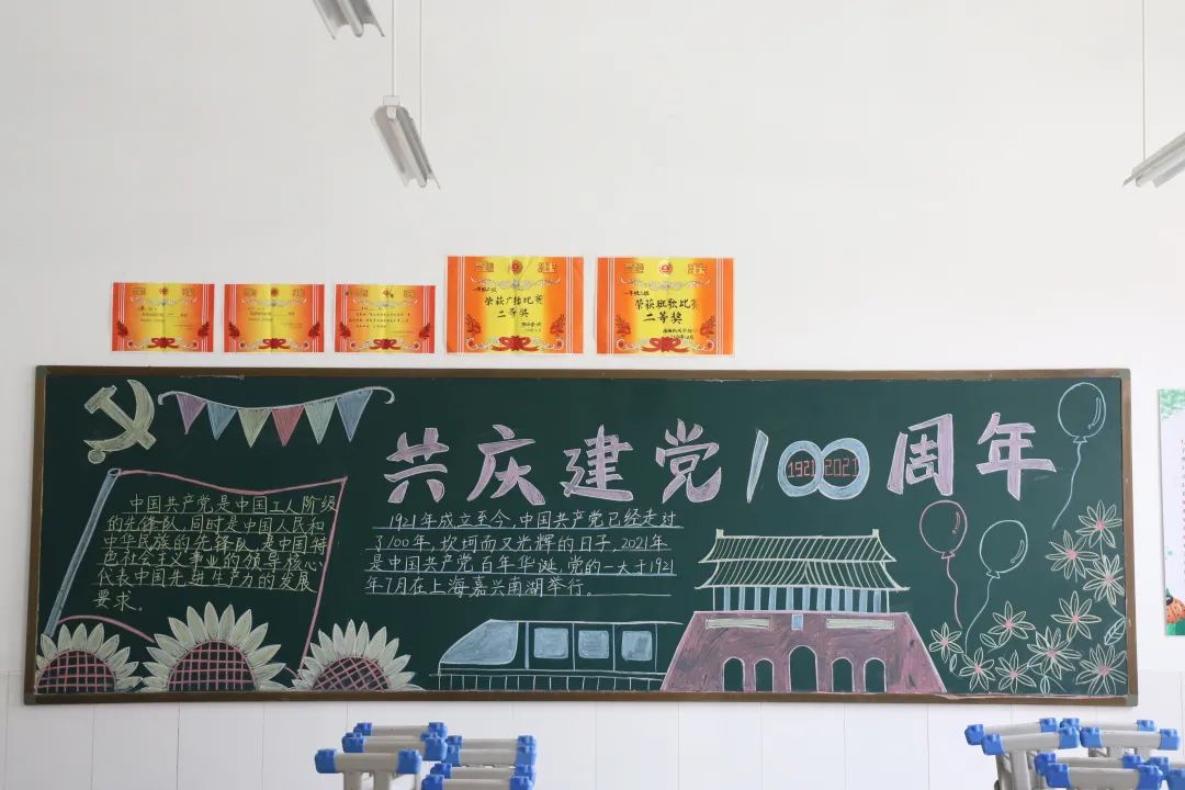 建党100周年学生共画庆祝建党100周年主题黑板报寿光渤海新城实验学校