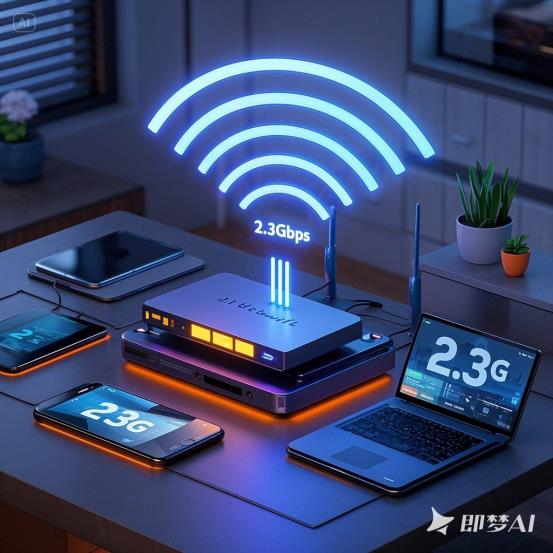 家庭环境中，路由器发射Wi-Fi 7信号波，覆盖手机、平板、笔记本等设备，空中漂浮“2.3Gbps”速率标签，信号强度渐变（近处强_远处衰减）。