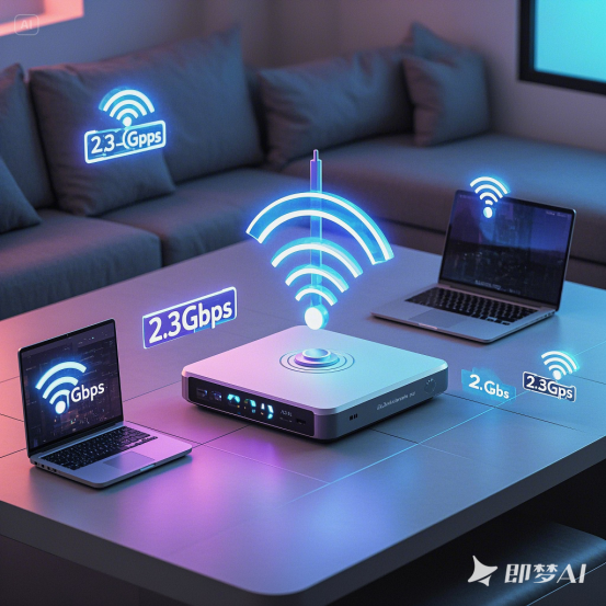 家庭环境中，路由器发射Wi-Fi 7信号波，覆盖手机、平板、笔记本等设备，空中漂浮“2.3Gbps”速率标签，信号强度渐变（近处强_远处衰减）。