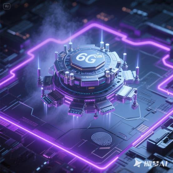 jimeng-2025-04-28-683-悬浮的6G多卡路由核心：区块链节点构成去中心化防护网，环境感知波纹识别设备指纹，量子密钥如星光穿透攻击迷雾，背景融合动态地理围栏边界，科幻紫与银色金属质感