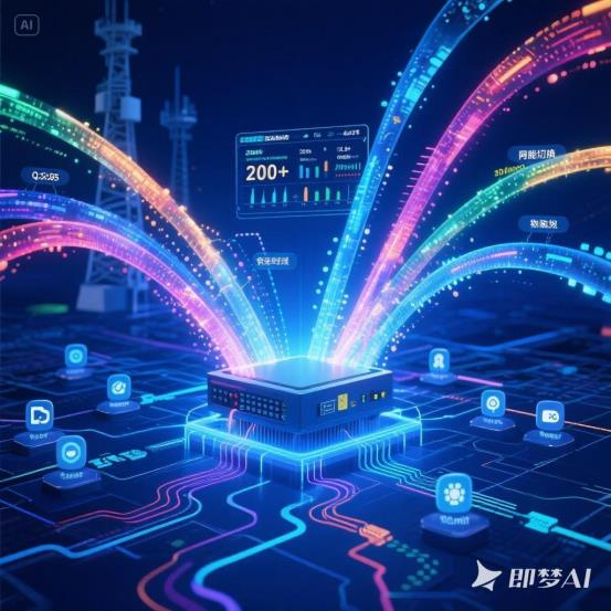 场景描述：充满科技感的深蓝背景上，多个彩色数据流从不同运营商基站涌出，汇聚成动态网络图谱。中央路由设备实时显示200+网络指标，光粒子路径在20毫秒内智能切换，地面映射出带宽叠加形成的3.8倍光效波纹...