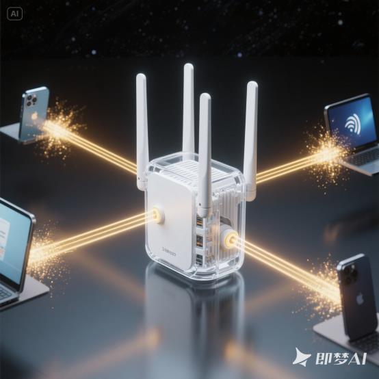 jimeng-2025-06-13-3974-极简风格路由器半透明外壳露出内置天线阵列，三道金色光束精准聚焦至不同方位手机_电...