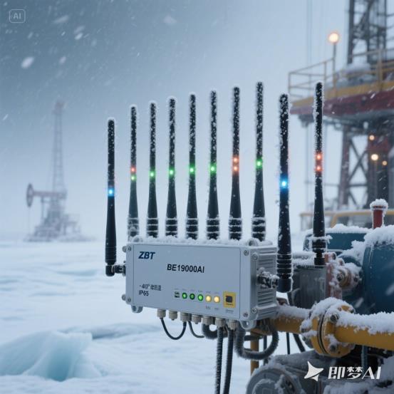 -40℃极地冰原中，ZBT BE19000AI 路由器搭载全铝合金压铸外壳，12 组高增益天线矗立在钻井平台设备旁，表面结霜但信号指示灯常亮，背景为暴风雪中的油田设施，突出 - 40℃宽温设计与 IP... (1)