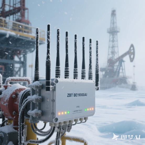 -40℃极地冰原中，ZBT BE19000AI 路由器搭载全铝合金压铸外壳，12 组高增益天线矗立在钻井平台设备旁，表面结霜但信号指示灯常亮，背景为暴风雪中的油田设施，突出 - 40℃宽温设计与 IP...