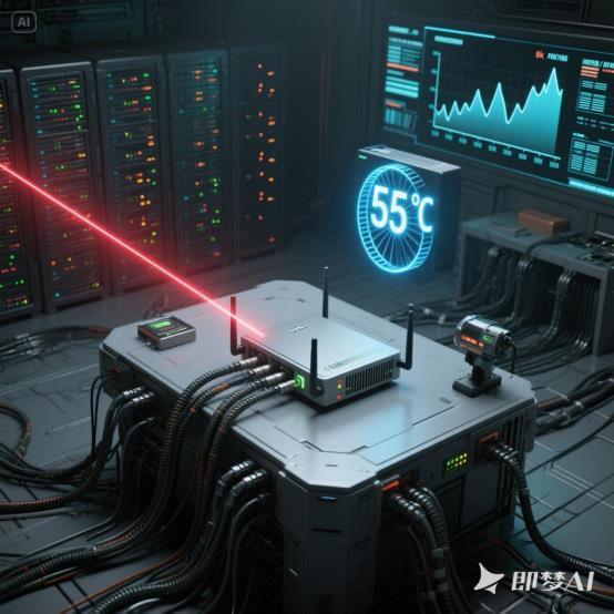 jimeng-2025-06-20-7524-全景俯视视角，充满科技感的灰色测试暗室，路由器置于中央检测台，连接密集线缆。背景...