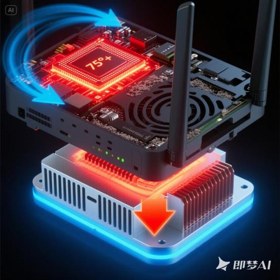 jimeng-2025-06-27-3936-路由器内部热成像视角，红色高温区域集中在芯片位置（标注75℃+）  对比正常散热...