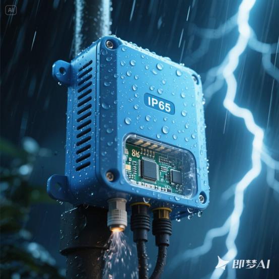 jimeng-2025-07-02-5977-IP65级户外路由器暴雨中工作：蓝色金属外壳表面密布雨滴，闪电照亮背景，底部散热...