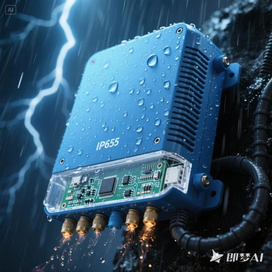 jimeng-2025-07-02-8528-IP65级户外路由器暴雨中工作：蓝色金属外壳表面密布雨滴，闪电照亮背景，底部散热...