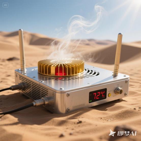 jimeng-2025-07-02-1155-沙漠正午路由器散热纪实：镀锌钢板外壳在烈日下泛白炽反光，顶部散热孔蒸腾扭曲热浪，...