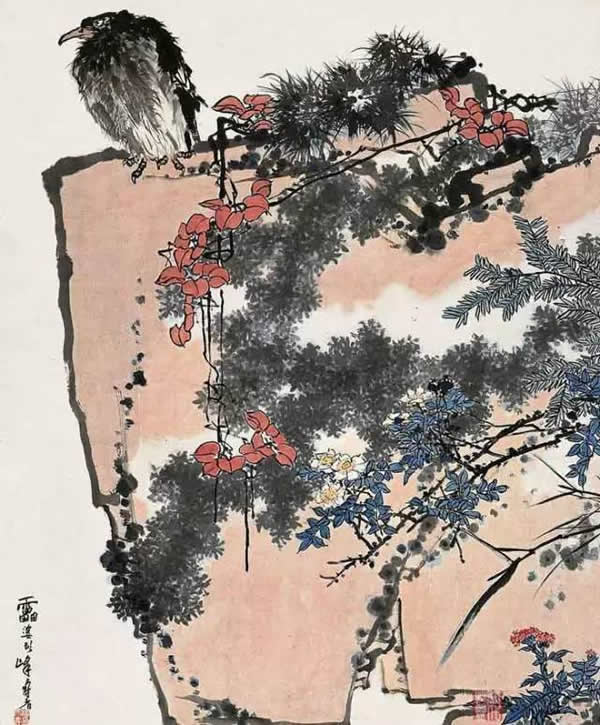 《鹰石山花图》