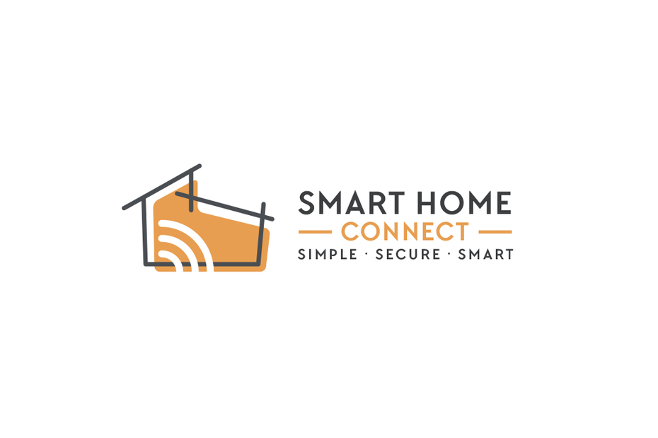 橙色背景下的错层房屋轮廓，带有wifi信号图像和文字“ Smart Home Connect”