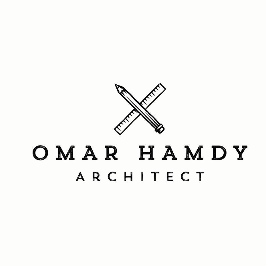 一支铅笔和一把尺子彼此交叉，上面写着“ Omar Hamdy Architect”