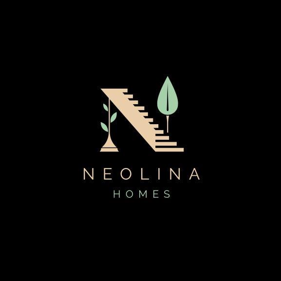 字母N由楼梯，树和圆柱组成，文字为“ Neolina Homes”