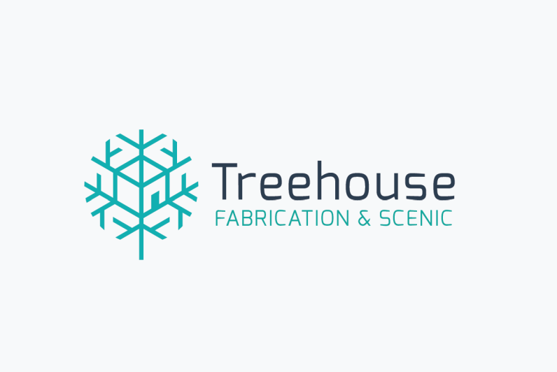 雪花的线条图和房屋的图像一直插在中间，文字为“ Treehouse Fabrication＆Scenic”