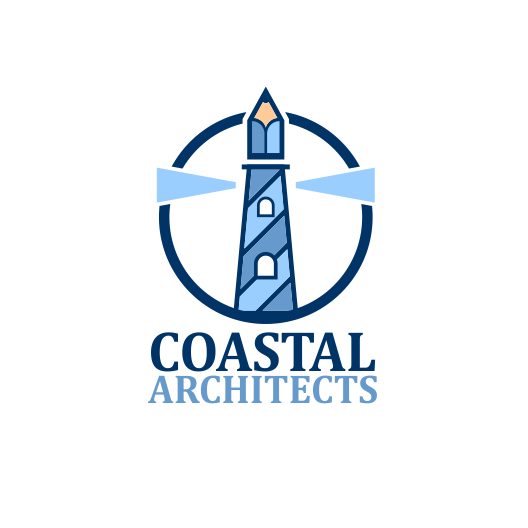 蓝色的灯塔，顶部是铅笔，文字为“ Coastal Architects”