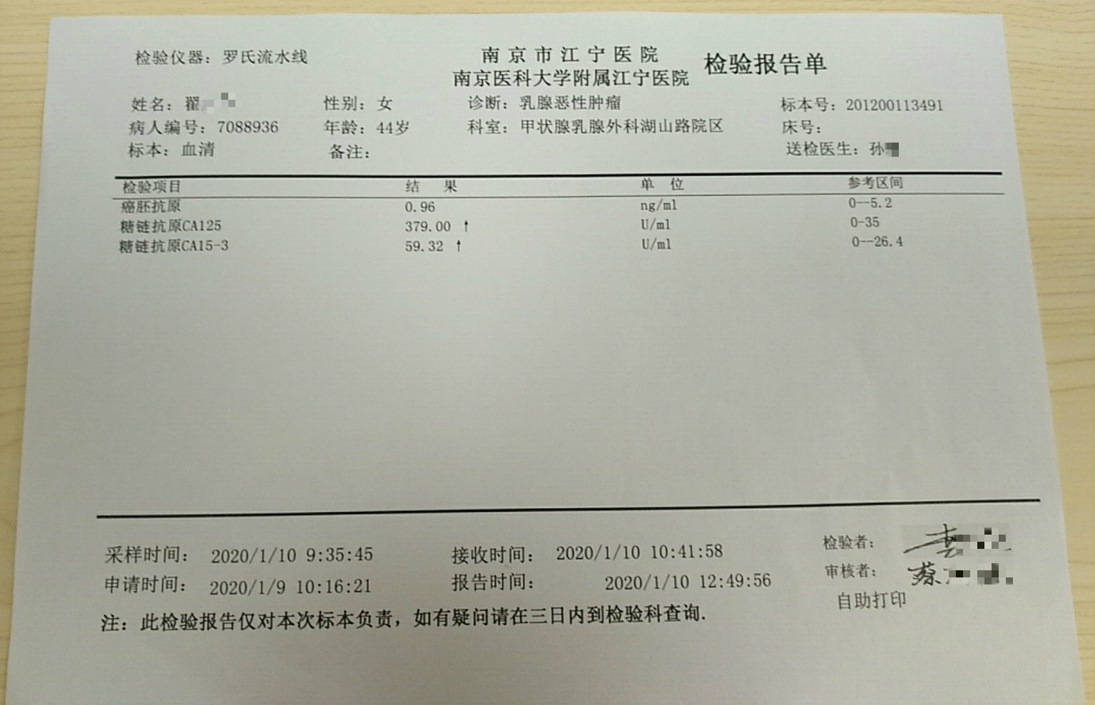 患者治疗后血液肿瘤抗原指标检查结果