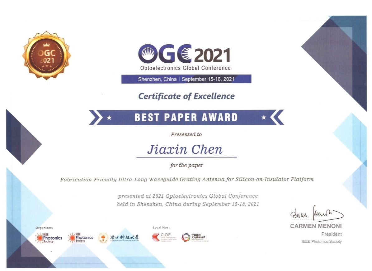 Congratulations to Chen Jiaxin for awarding Optoelectronics Global Conference 2021 Best Paper Award