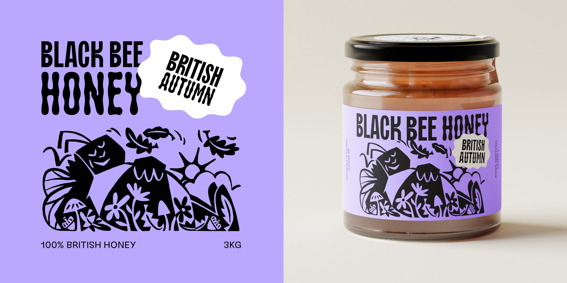 Logo, branding and packaging for British single origin Black Bee Honey designed by OMSE