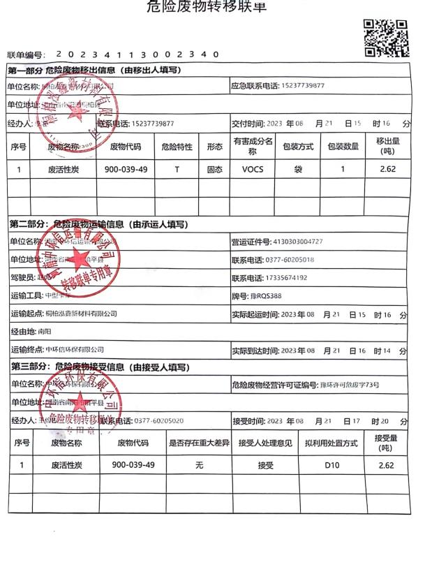 2024年危险废物污染环境防治信息公开-桐柏泓鑫