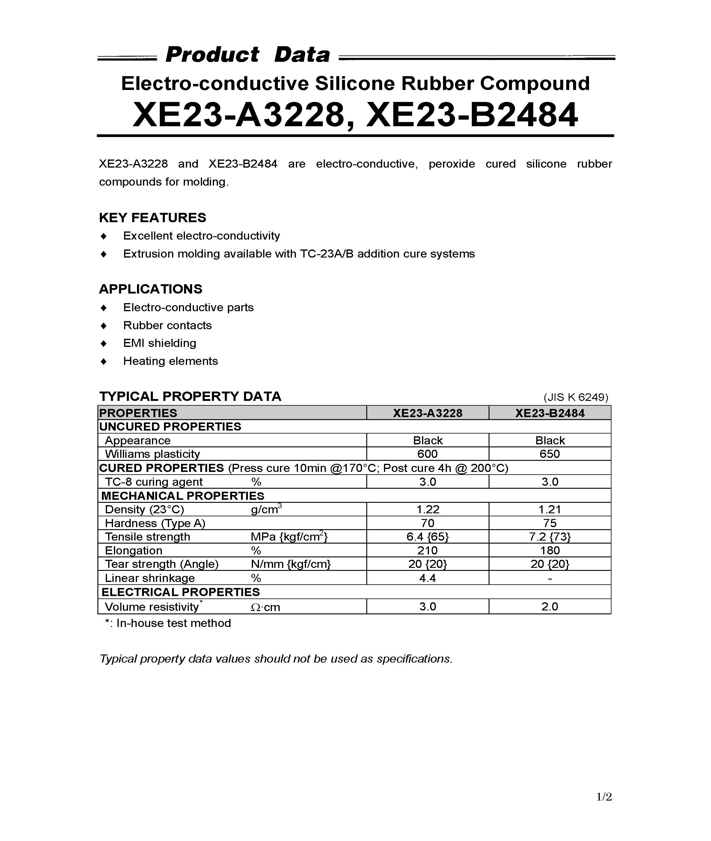 导电硅胶XE23-B2484物性表