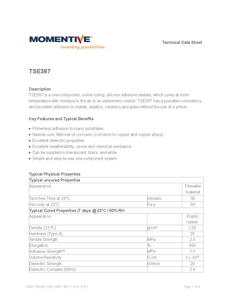 TSE387涂層電子硅膠物性表1