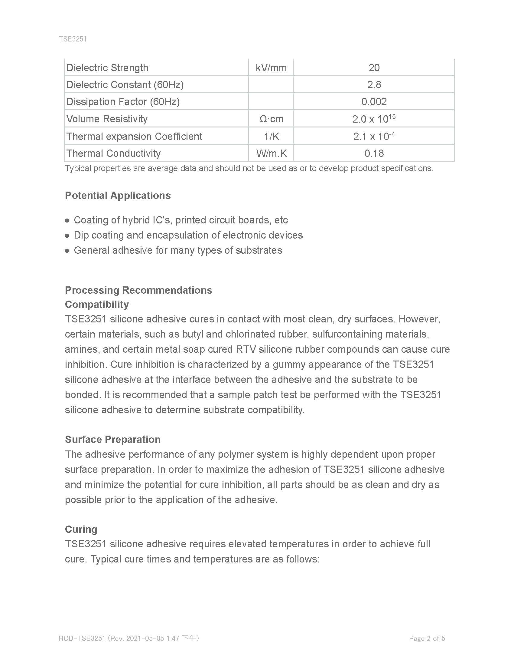 邁圖單組份加熱固化型灌封硅膠TSE3251物性表2