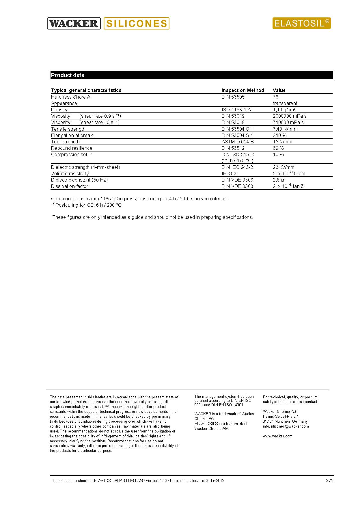 瓦克高硬度液态硅胶LR3003/80物性表2