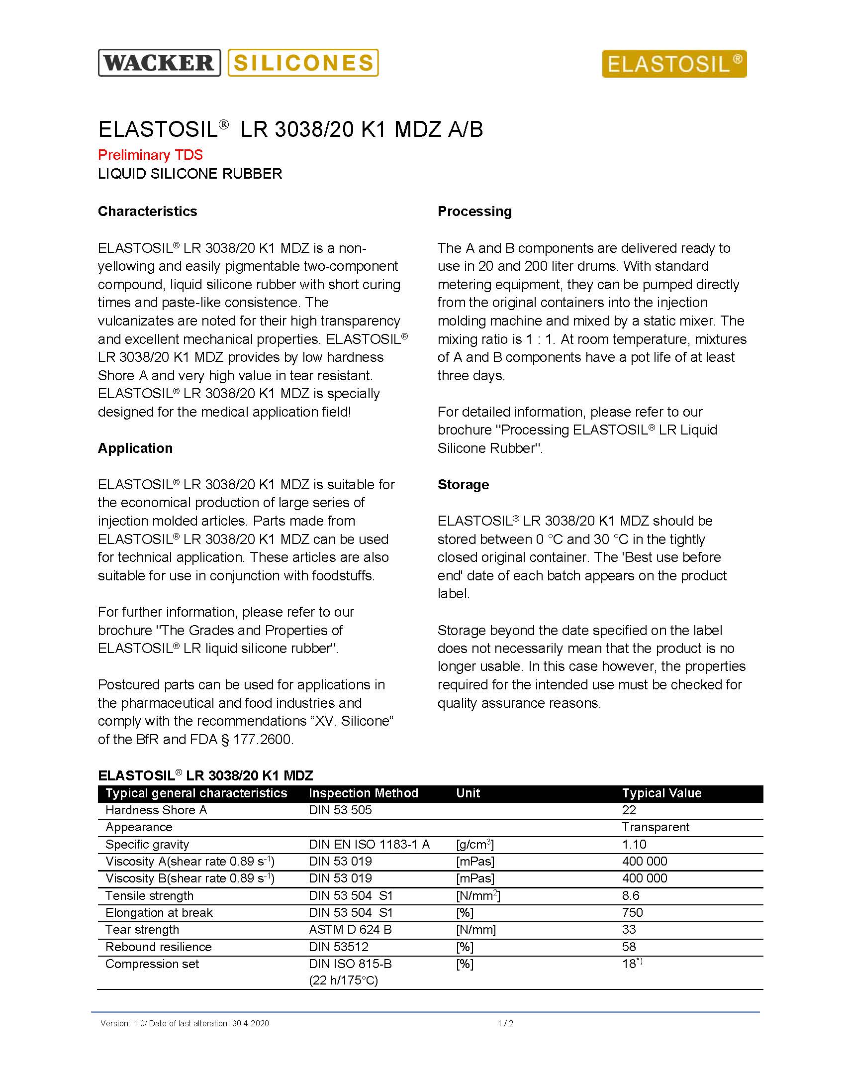 ELASTOSIL® LR 3038/20 K1 MDZ物性表