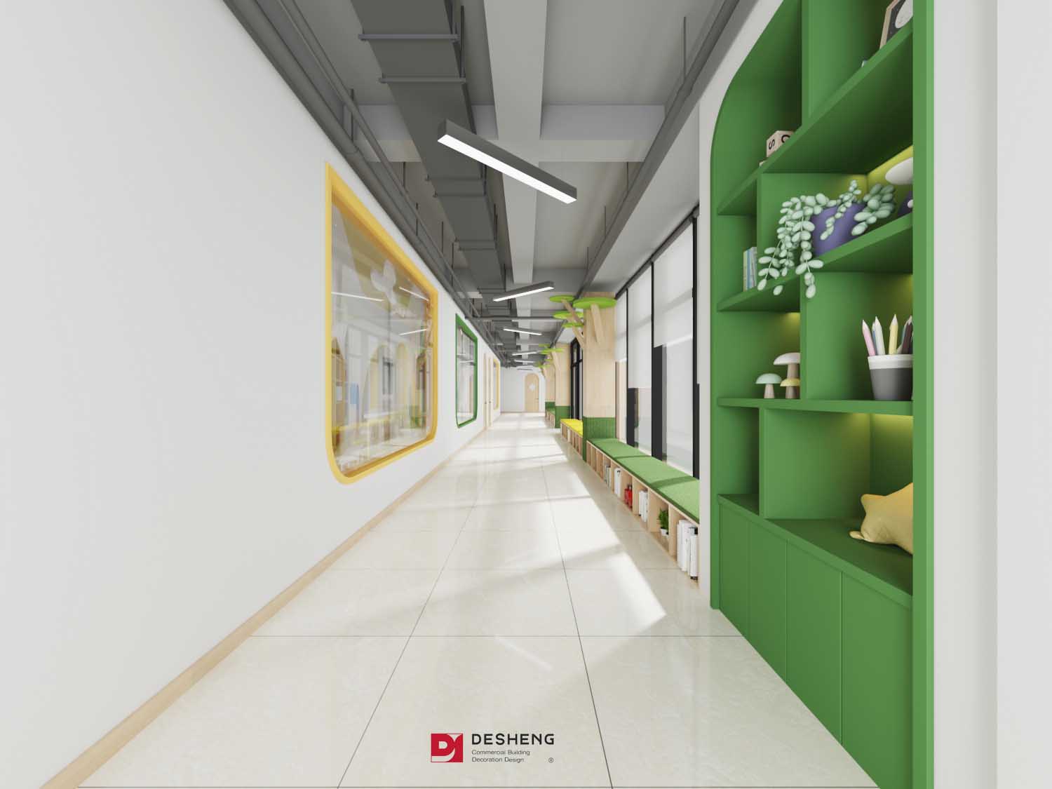 幼儿园装修设计：绿色彰显着生机，代表着成长，象征着创造，绿、白、黄给孩子以活力的想象空间