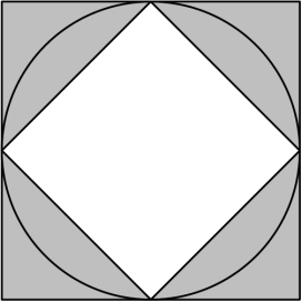 [asy] filldraw((-1,-1)--(-1,1)--(1,1)--(1,-1)--cycle,mediumgray,black); filldraw(Circle((0,0),1), mediumgray,black); filldraw((-1,0)--(0,1)--(1,0)--(0,-1)--cycle,white,black);[/asy]