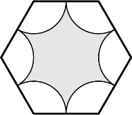 [asy] size(125); defaultpen(linewidth(0.8)); path hexagon=(2*dir(0))--(2*dir(60))--(2*dir(120))--(2*dir(180))--(2*dir(240))--(2*dir(300))--cycle; fill(hexagon,lightgrey); for(int i=0;i<=5;i=i+1) { path arc=2*dir(60*i)--arc(2*dir(60*i),1,120+60*i,240+60*i)--cycle; unfill(arc); draw(arc); } draw(hexagon,linewidth(1.8));[/asy]