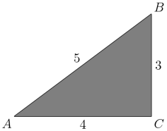 [asy] draw((0,0)--(4,0)--(4,3)--(0,0)); label("$A$", (0,0), SW); label("$B$", (4,3), NE); label("$C$", (4,0), SE); label("$4$", (2,0), S); label("$3$", (4,1.5), E); label("$5$", (2,1.5), NW); fill(origin--(0,0)--(4,3)--(4,0)--cycle, gray); [/asy]