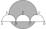 [asy] size(6cm); filldraw(circle((0,0),2), gray(0.7)); filldraw(arc((0,-1),1,0,180) -- cycle, gray(1.0)); filldraw(arc((-2,-1),1,0,180) -- cycle, gray(1.0)); filldraw(arc((2,-1),1,0,180) -- cycle, gray(1.0)); dot((-3,-1)); label("$A$",(-3,-1),S); dot((-2,0)); label("$E$",(-2,0),NW); dot((-1,-1)); label("$B$",(-1,-1),S); dot((0,0)); label("$F$",(0,0),N); dot((1,-1)); label("$C$",(1,-1), S); dot((2,0)); label("$G$", (2,0),NE); dot((3,-1)); label("$D$", (3,-1), S); [/asy]
