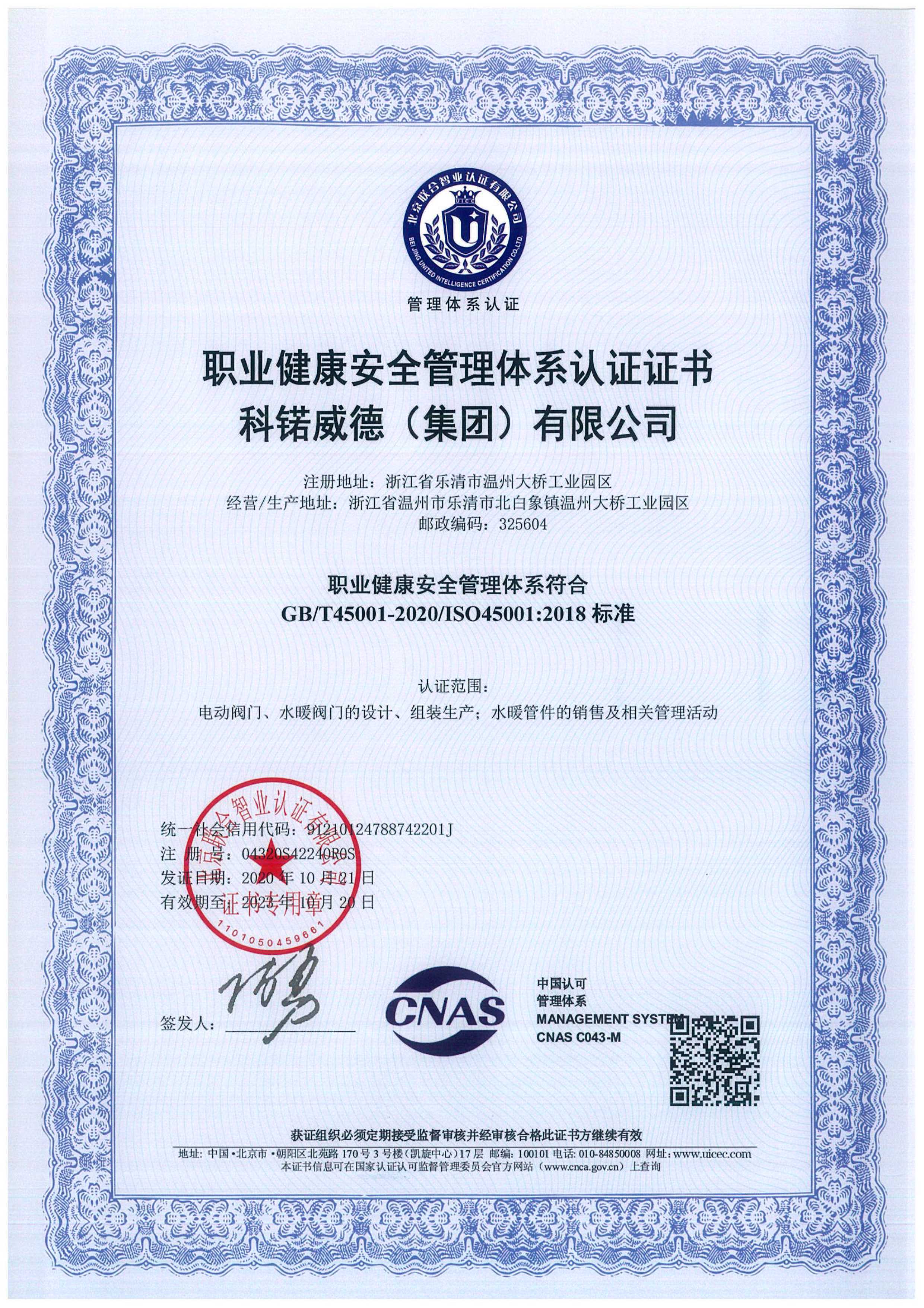 14001环境管理体系认证证书ISO45001职业健康安全管理体系认证证书