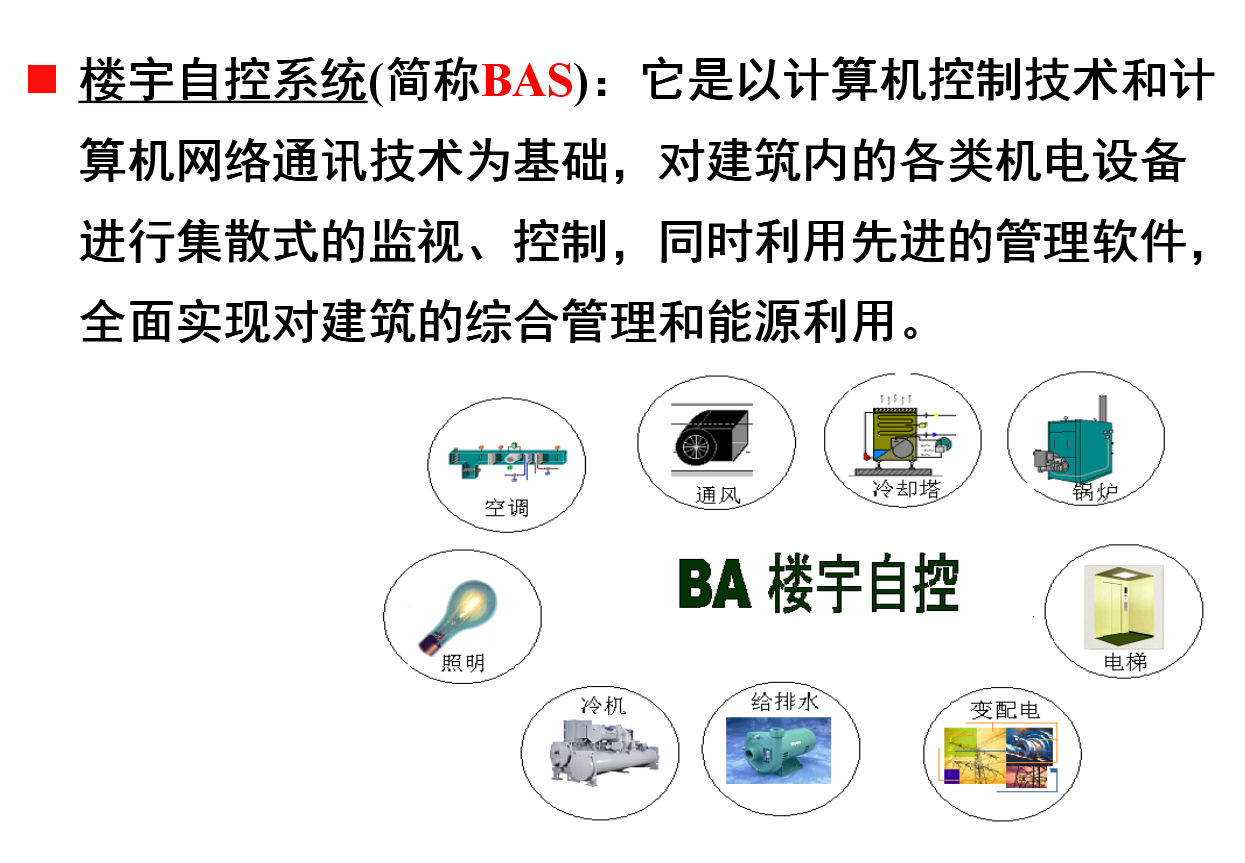 楼宇自控是指楼宇中电力设备，如电梯、水泵、风机、空调等，其主要工作性质是强电驱动。通常这些设备是开放性的工作状态，也就是说没有形成一个闭环回路。只要接通电源，设备就在工作，至于工作状态、进程、能耗等，无法在线及时得到数据，更谈不上合理使用和节约能源。现在楼宇自控是将上述的电器设备进行在线监控，通过设置相应的传感器、行程开关、光电控制等，对设备的工作状态进行检测，并通过线路返回控制机房的中心电脑，由电脑得出分析结果，再返回到设备终端进行调解。