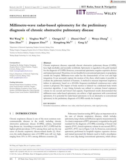 IET Radar Sonar   Navi - 2023 - Wang - Millimetre‐wave radar‐based spirometry for the preliminary diagnosis of chronic-01