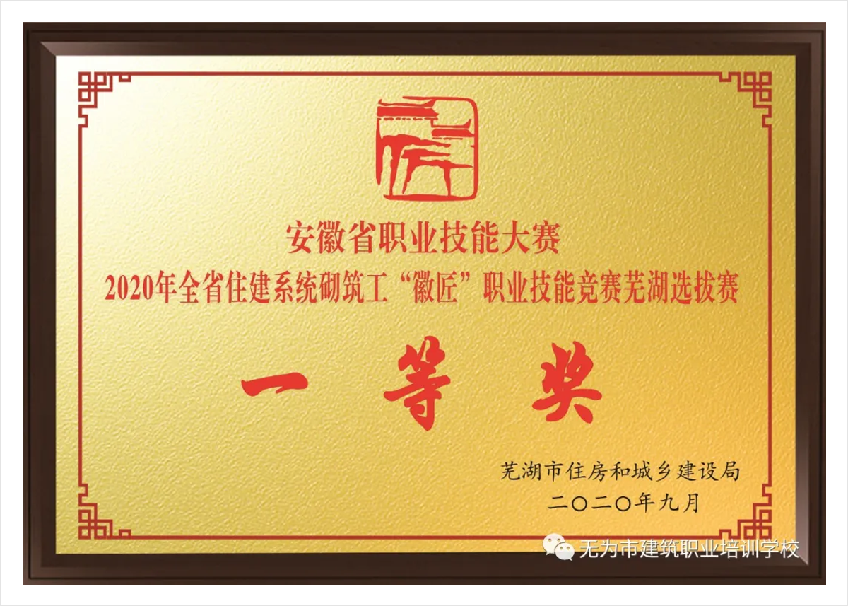 2020安徽省住建系统砌筑工“徽匠”职业技能竞赛芜湖选拔赛我校代表队荣获一等奖（后我校代表芜湖市参加省赛，获得第12名的好成绩）