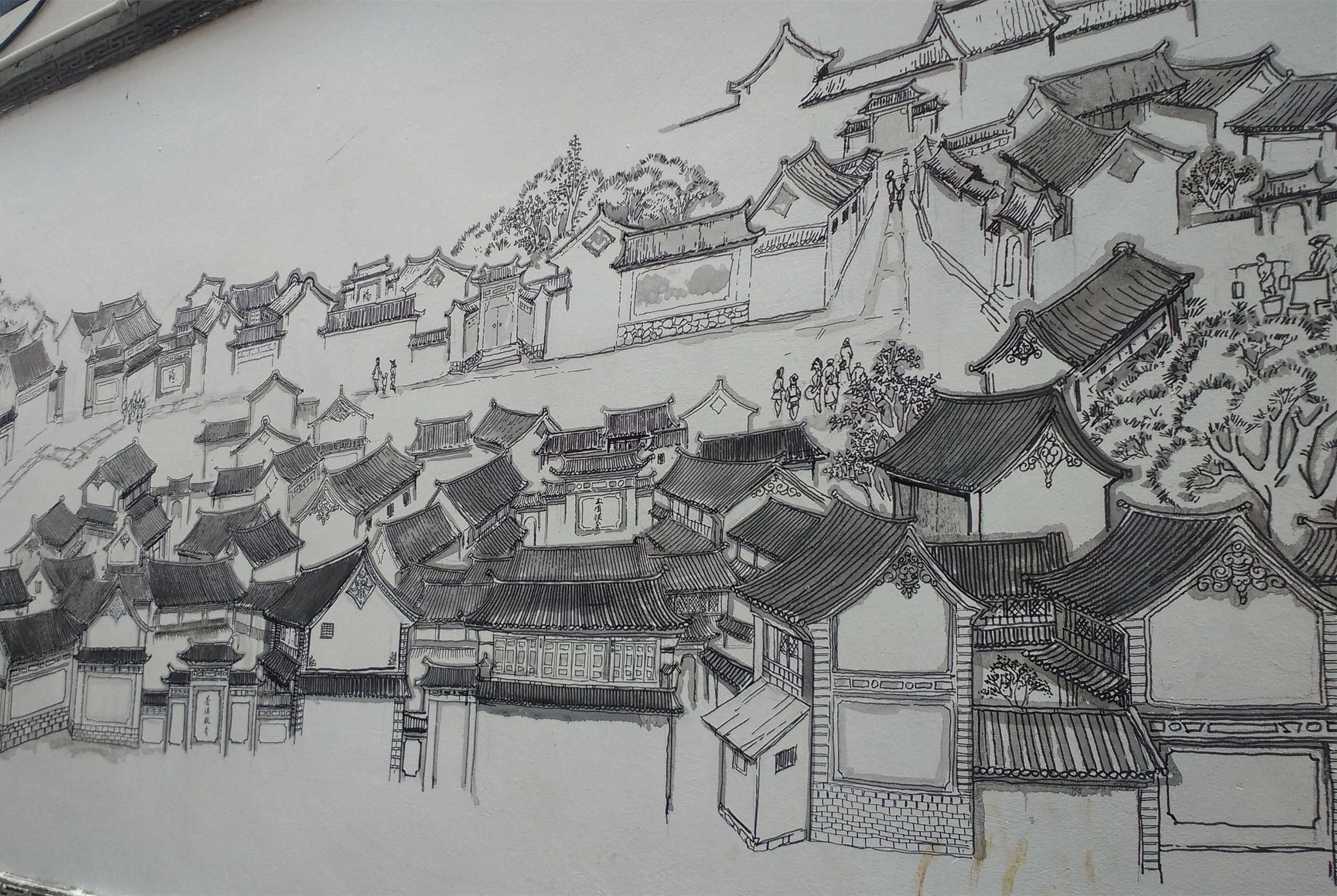 村史馆手绘黑白线条画