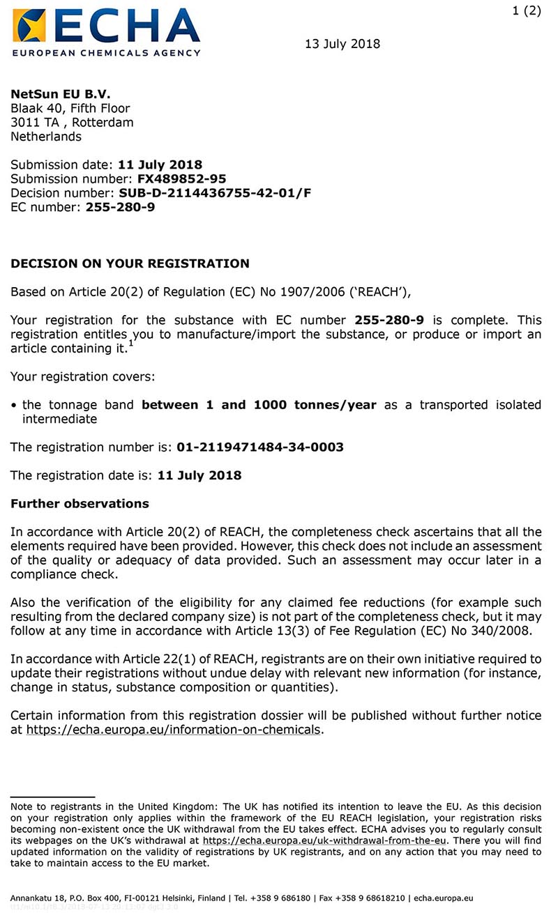 124-三氮唑钠盐-欧盟REACH注册证书