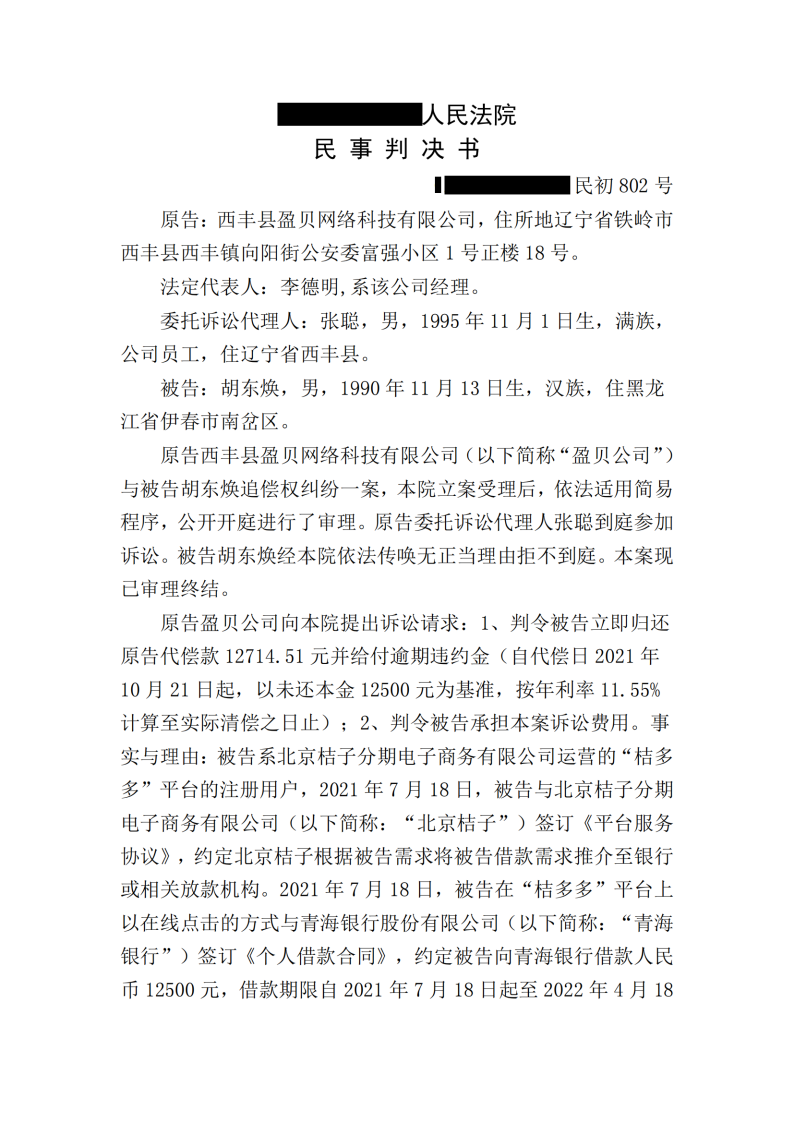 西丰县盈贝网络科技有限公司胡东焕追偿权纠纷民事一审民事判决书_00