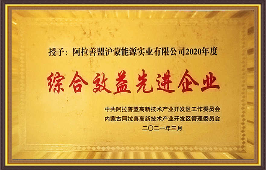 由中共阿拉善盟高新技术产业开发区工作委员会、内蒙古阿拉善高新技术产业开发区管理委员会颁发 备注：授予:阿拉善盟沪蒙能源实业有限公司2020年
