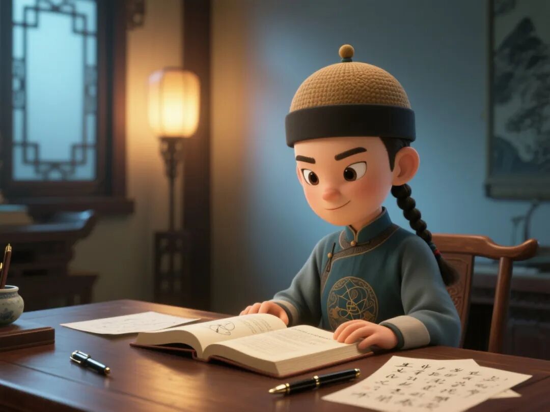 特写，房间内灯光柔和，一名男性（男性，青年，梳清朝辫子，戴瓜皮帽着清朝古装，身形较高，面容狡黠书）坐20251023893.jpeg