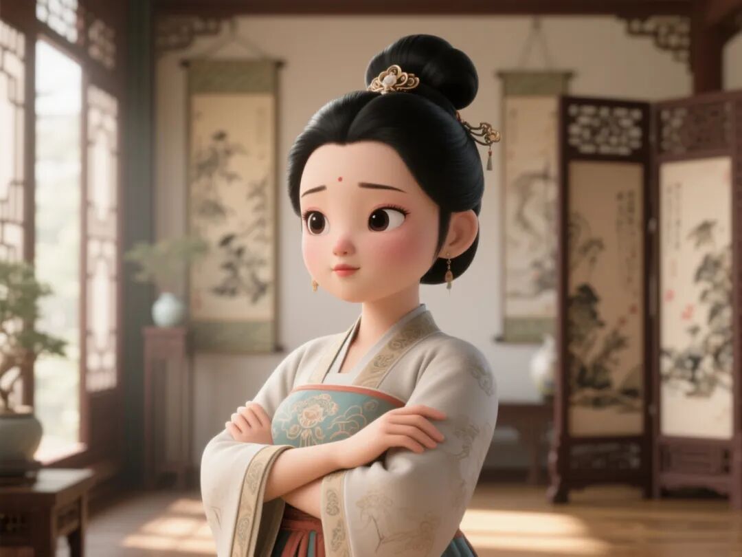 中景上半身，明亮的室内，布置典雅，有屏风和书画。一位中国女性(女性，青年，梳精致发髻，黑色头发，穿典20251023594.jpeg