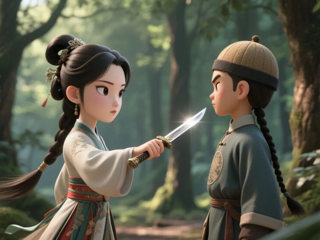 全景，树林里，一位中国女性(女性，青年，梳古代长发，着古代女子服饰，体型婀娜，面容冷艳)手持长剑，表20251023860.jpeg