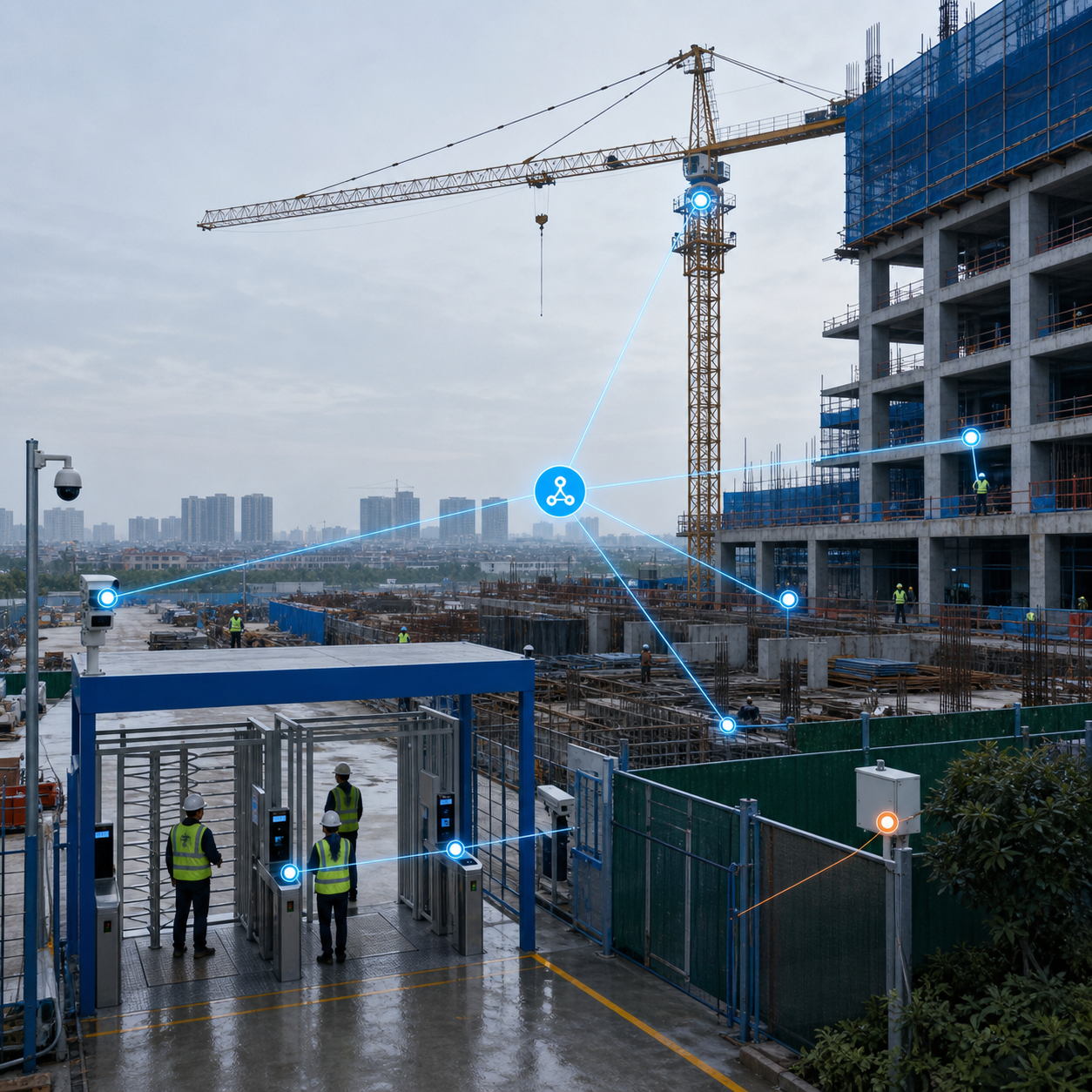 建筑工地出入口、塔吊与作业面协同管理的场景
